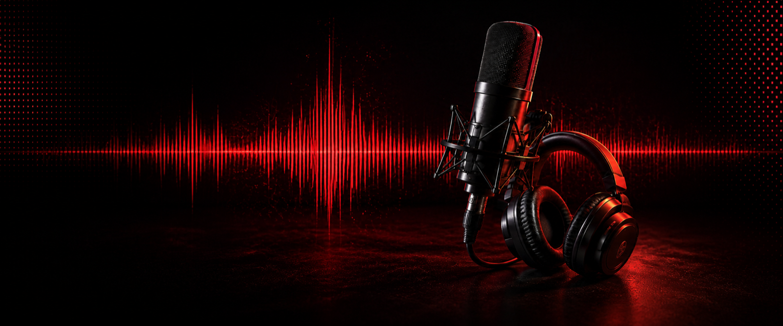 Micrófono, audífonos y espectro de audio en un estudio de radio