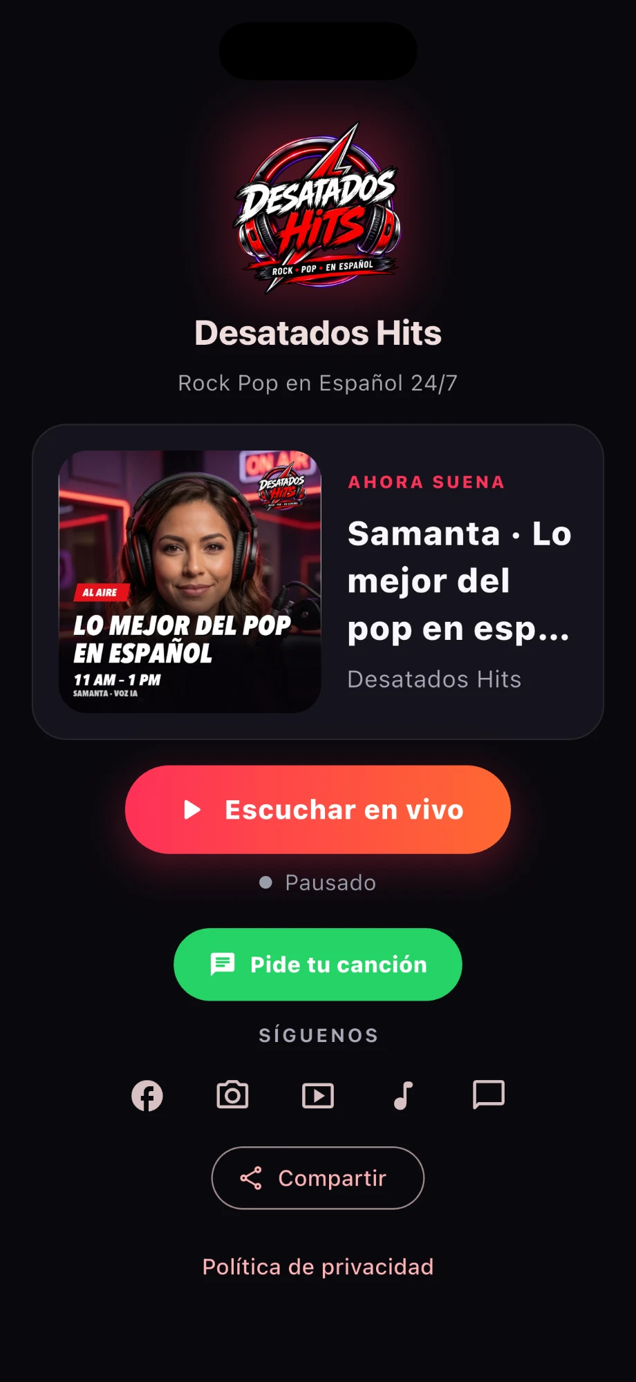 Reproductor de la aplicación Desatados Hits