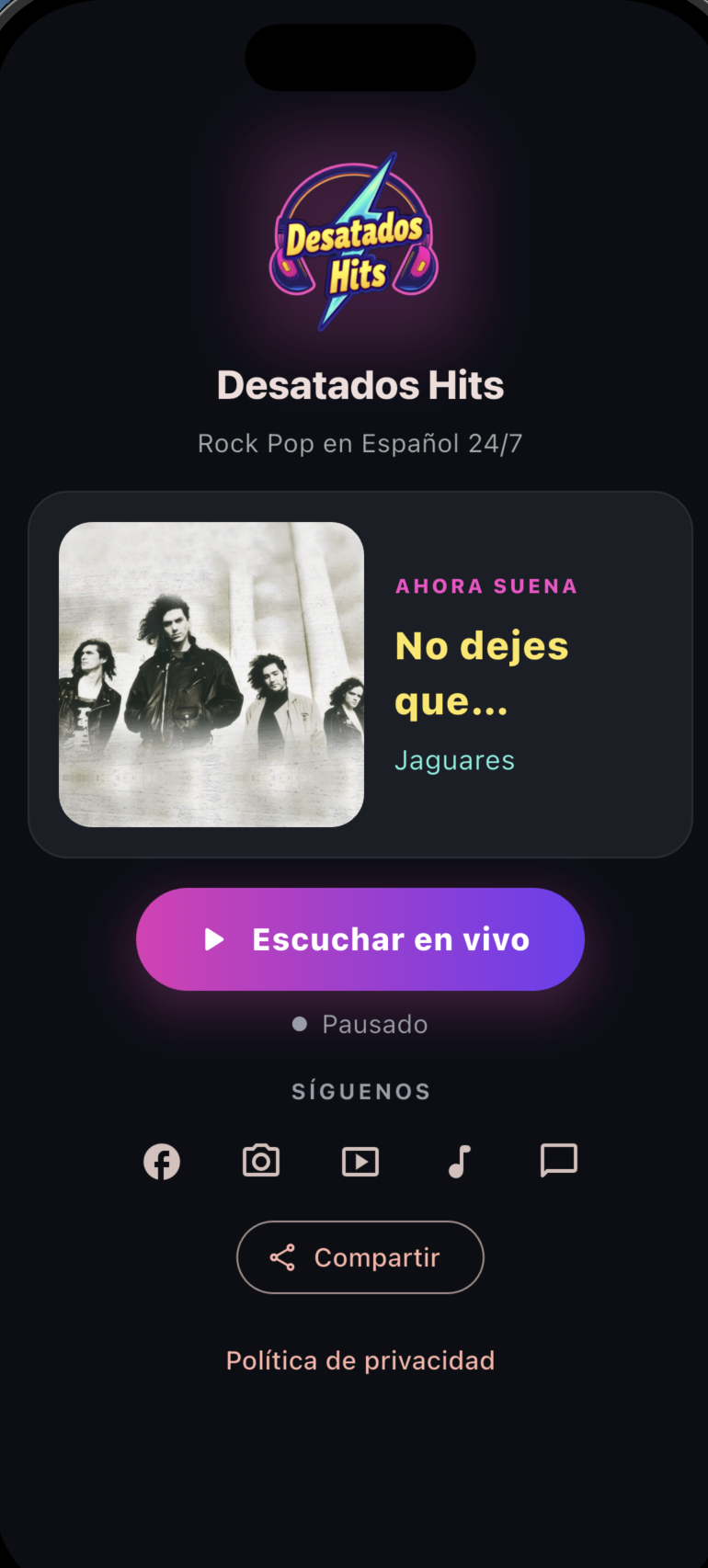 Reproductor de la aplicación Desatados Hits